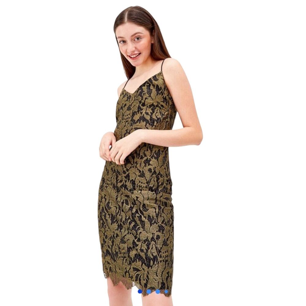 Lauren Ralph Lauren Gold Metallic Lace on Black Slip Dress Size 2